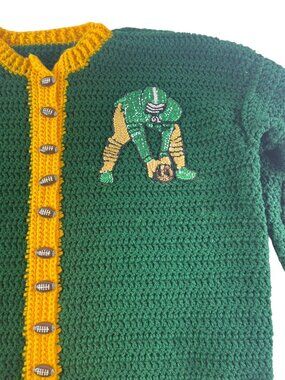 Football Sweater XXL Kelly Green Yellow Sequins Handmade Crochet OOAK Packers